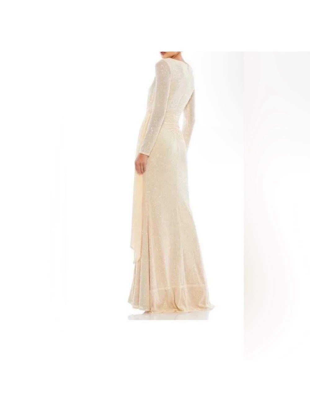 Mac Duggal Cream Long Sleeve Sequin Evening Gown with Side Slit - Picture 2 of 5